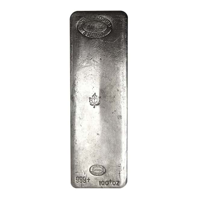 100 oz Johnson Matthey & Mallory Maple Leaf Logo Silver Bar .999+ Fine