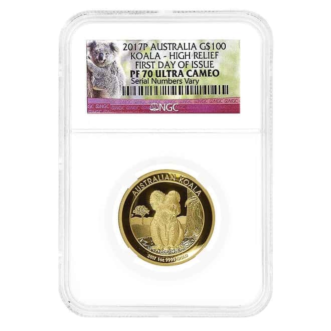 2017 1 oz Proof Gold Australian Koala High Relief Perth Mint NGC PF 70 UCAM FDOI (w/Box & COA)