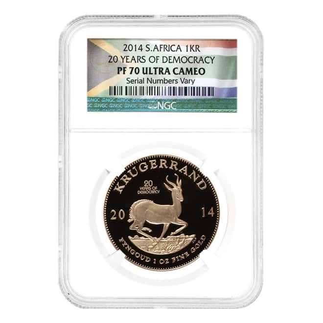 2014 South Africa 1 oz Proof Gold Krugerrand 20 Years of Democracy NGC PF 70 UCAM (w/Box & COA)