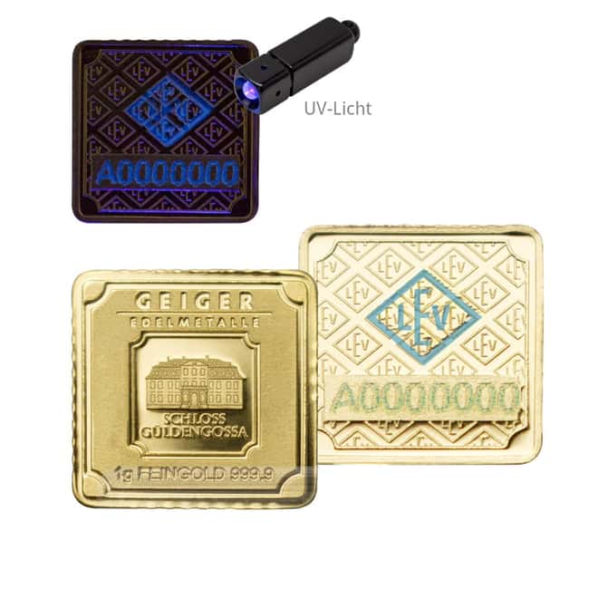 1 gram Geiger Congratulations Original Square Gold Bar (In Assay)