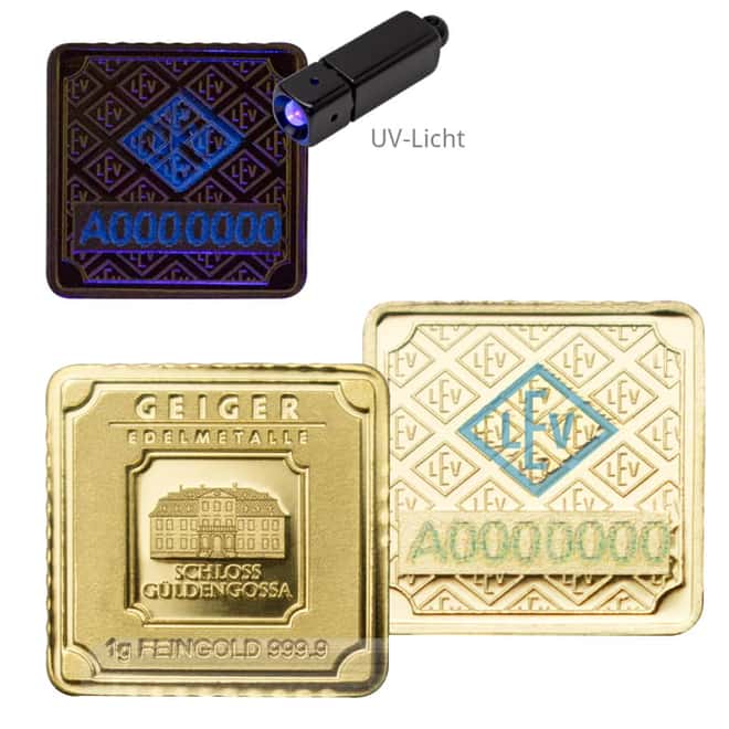1 gram Geiger Good Luck Original Square Gold Bar (In Assay)