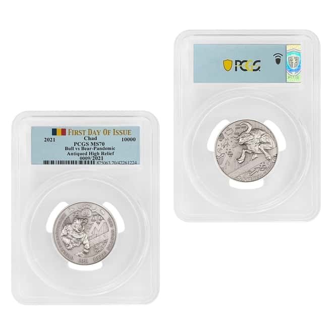 2021 Chad 2 oz Silver Bull vs Bear Pandemic Serial #9 PCGS MS 70 FDOI Antiqued High Relief