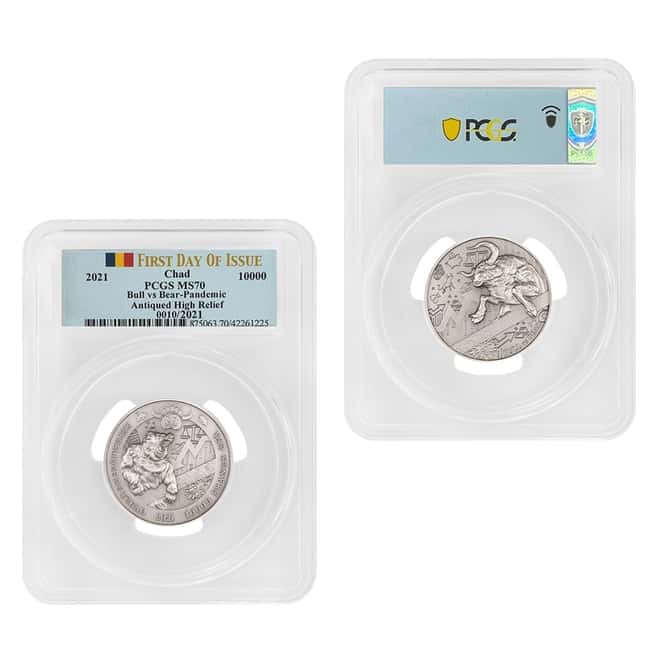 2021 Chad 2 oz Silver Bull vs Bear Pandemic Serial #10 PCGS MS 70 FDOI Antiqued High Relief