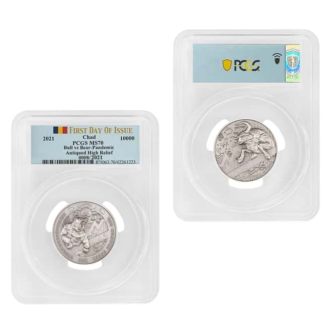 2021 Chad 2 oz Silver Bull vs Bear Pandemic Serial #8 PCGS MS 70 FDOI Antiqued High Relief
