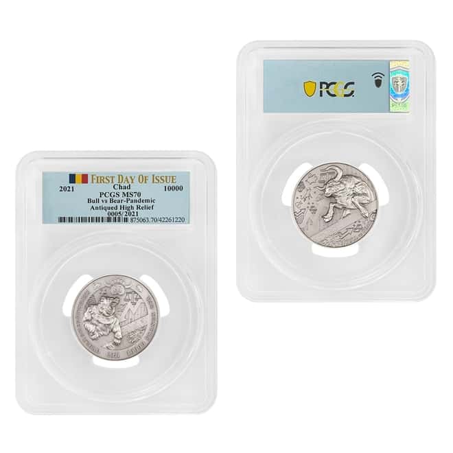 2021 Chad 2 oz Silver Bull vs Bear Pandemic Serial #5 PCGS MS 70 FDOI Antiqued High Relief