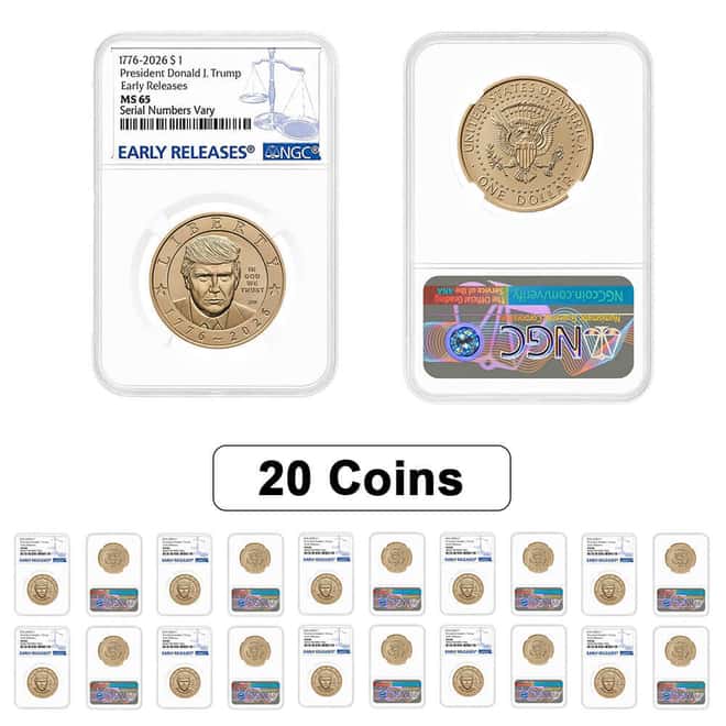 Lot of 20 - 2026 (P) President Donald J. Trump $1 Coin NGC MS 65 ER