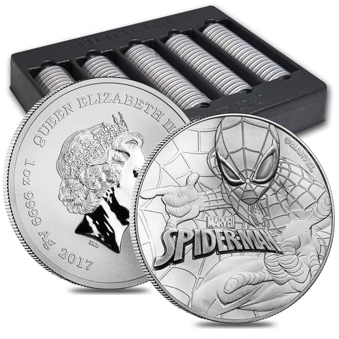 Lot of 100 - 2017 1 oz Tuvalu Spiderman Marvel Series Silver Coin .999 Fine Silver BU In Cap (5 Roll,Tube of 20)