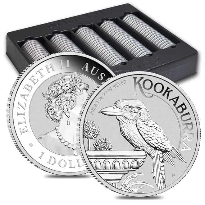 Lot of 100 - 2022 1 oz Silver Australian Kookaburra Perth Mint .9999 Fine BU In Cap (5 Rolls, Box of 100)