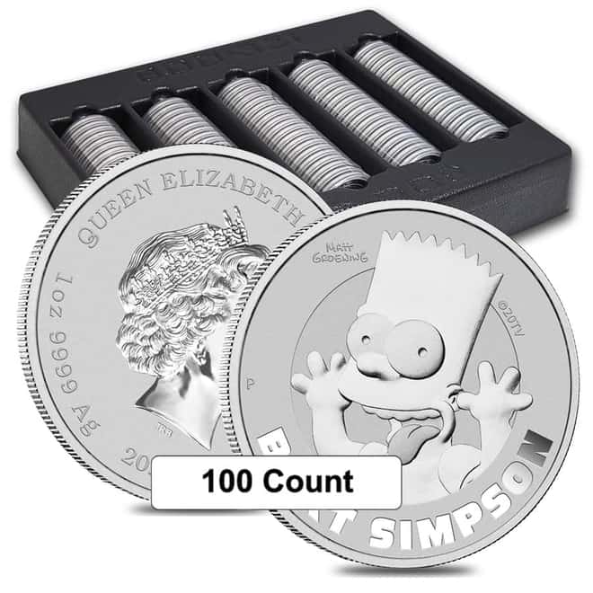 Box of 100 - 2022 1 oz Tuvalu Bart Simpson Silver Coin .9999 Fine BU In Cap (Lot, 5 Rolls of 20)