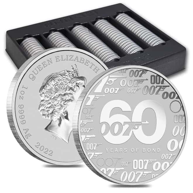 Box of 100 - 2022 1 oz Tuvalu James Bond - 60 Years of Bond Silver Coin .9999 Fine BU In Cap (Lot, 5 Rolls of 20)