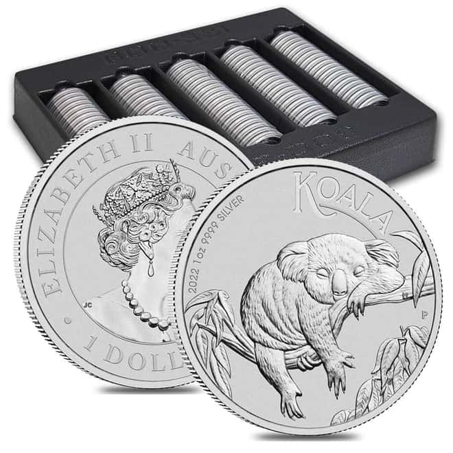 Box of 100 - 2022 1 oz Silver Australian Koala Perth Mint .9999 Fine BU In Cap (5 Tubes, Lot of 100)