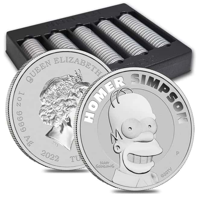 Box of 100 - 2022 1 oz Tuvalu Homer Simpson Silver Coin .9999 Fine BU In Cap (Lot, 5 Rolls of 20)