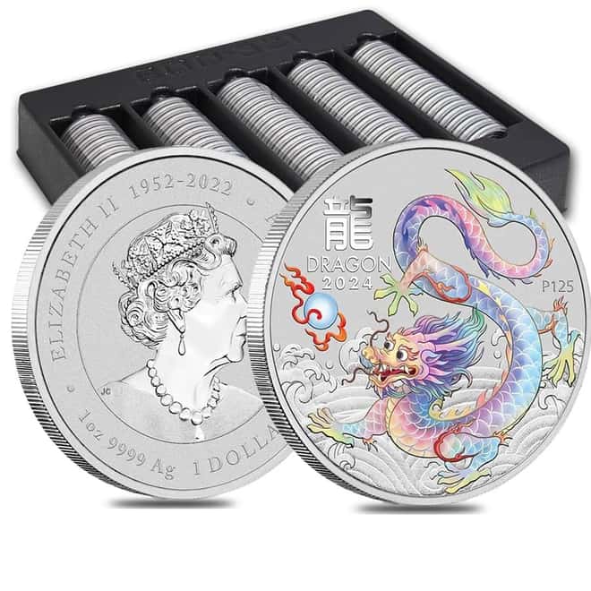 Box of 100 - 2024 1 oz Colorized Lunar White Dragon Silver Coin BU Perth Mint