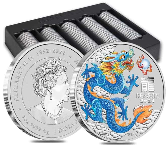 Box of 100 - 2024 1 oz Colorized Lunar Blue Dragon Silver Coin BU Perth Mint