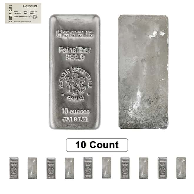 Lot of 10 - 10 oz Heraeus Silver Bar .9999 Fine (w/COA)
