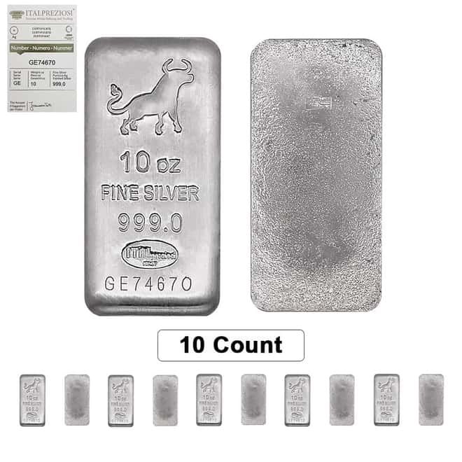 Lot of 10 - 10 oz Italpreziosi Italian Silver Cast Bar .999 Fine (Bullion Exchanges Logo, w/Assay)