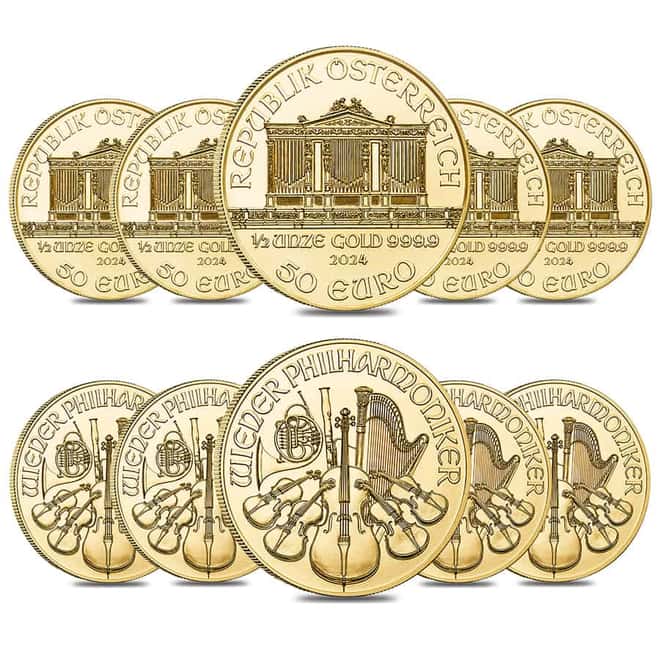 Tube of 10 - 2024 1/2 oz Austrian Gold Philharmonic Coin BU