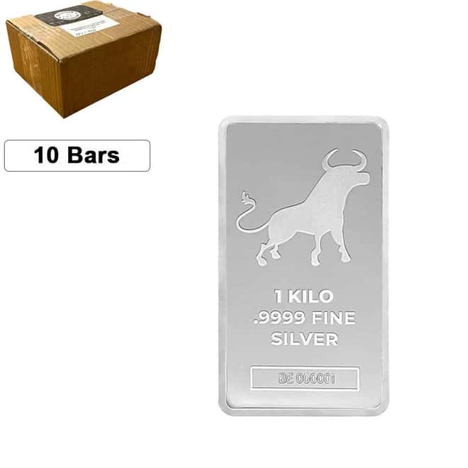 Box of 10 - 1 Kilo Bullion Exchanges Silver Bar .9999 Fine