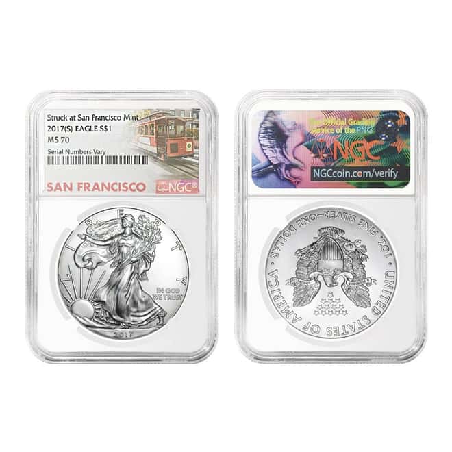 2017 (S) 1 oz Silver American Eagle $1 Coin NGC MS 70 (Trolley Label)