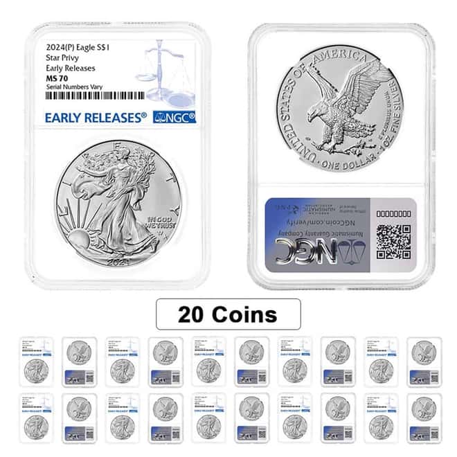 Lot of 20 - 2024 (P) Star Privy 1 oz Silver American Eagle NGC MS 70 ER