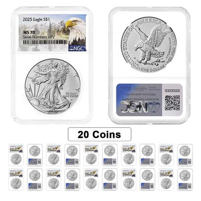 Lot of 20 - 2025 1 oz Silver American Eagle NGC MS 70 Mountain Label