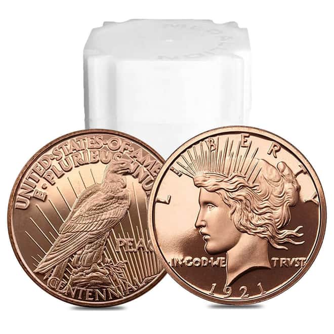 Tube of 20 - 1 oz Peace Dollar Copper Round .999 Fine
