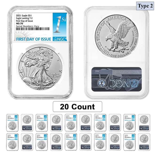 Lot of 20 - 2021 1 oz Silver American Eagle Type 2 NGC MS 70 FDOI