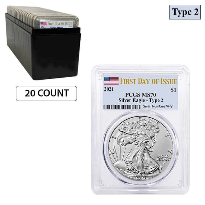 Lot of 20 - 2021 1 oz Silver American Eagle Type 2 PCGS MS 70 FDOI