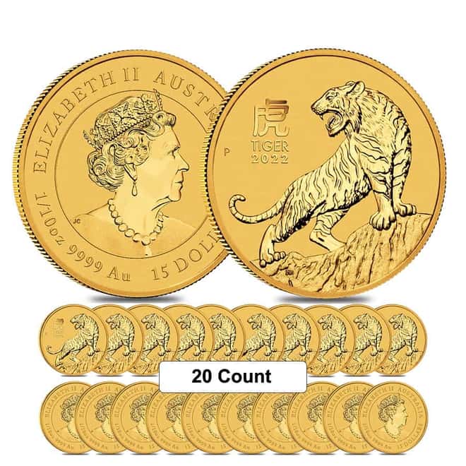 Lot of 20 - 2022 1/10 oz Gold Lunar Year of The Tiger BU Australia Perth Mint In Cap