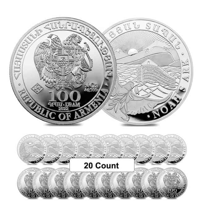 Lot of 20 - 2022 Armenia 1/4 oz Noah's Ark Silver Coin 100 Dram .999 Fine BU (Roll, Lot of 20)