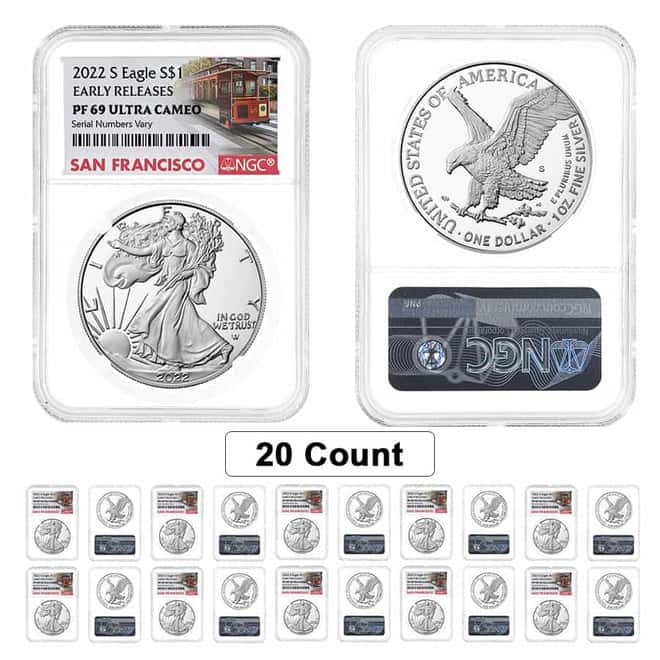 Lot of 20 - 2022-S 1 oz Proof Silver American Eagle NGC PF 69 ER (SF Label)