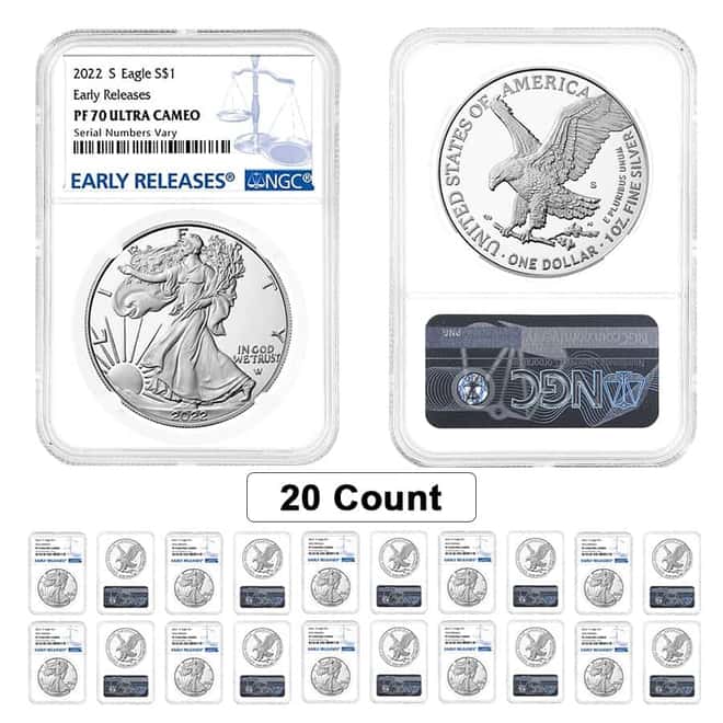 Lot of 20 - 2022-S 1 oz Proof Silver American Eagle NGC PF 70 Early Releases