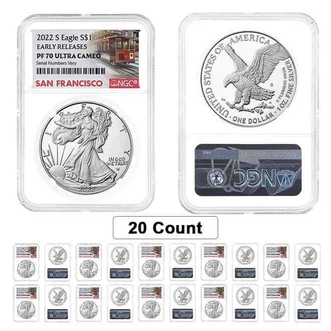 Lot of 20 - 2022-S 1 oz Proof Silver American Eagle NGC PF 70 ER (SF Label)