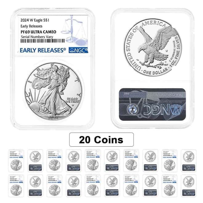 Lot of 20 - 2024-W 1 oz Proof Silver American Eagle NGC PF 69 UC ER