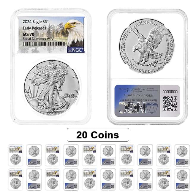 Lot of 20 - 2024 1 oz Silver American Eagle NGC MS 70 ER Mountain