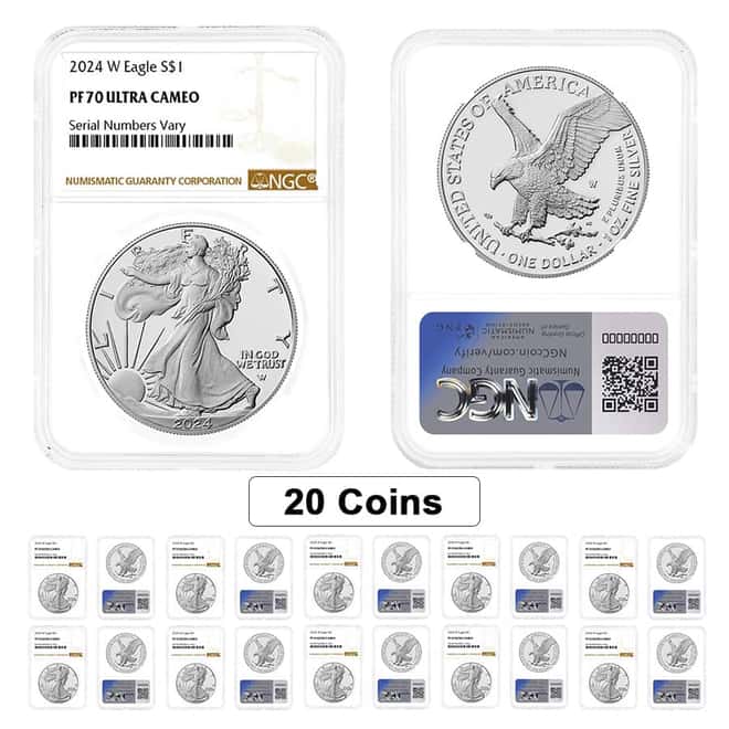 Lot of 20 - 2024-W 1 oz Proof Silver American Eagle NGC PF 70 UC 