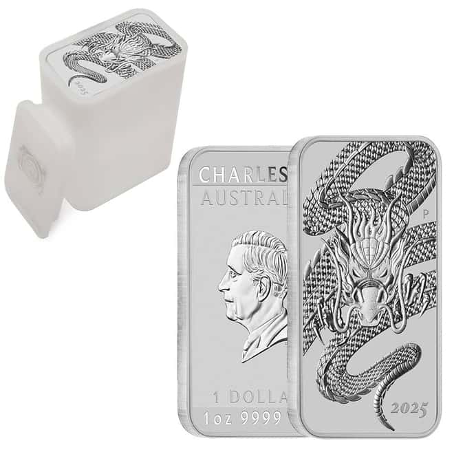 Tube of 20 - 2025 1 oz Silver Australian Dragon Rectangular Coin Bar $1 BU