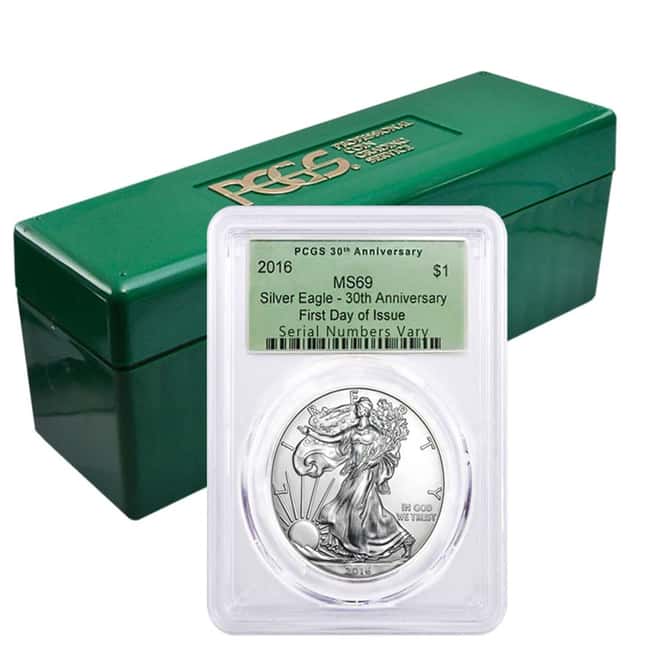 2016 1 oz Silver American Eagle $1 Coin PCGS MS 69 OGH First Day of Issue - 30th Anniversary