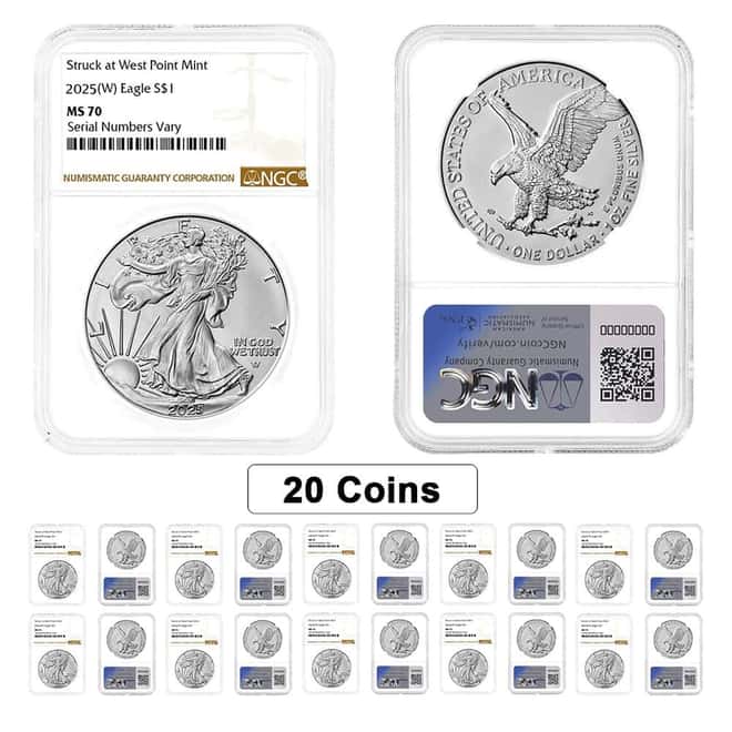 Lot of 20 - 2025 (W) 1 oz Silver American Eagle NGC MS 70