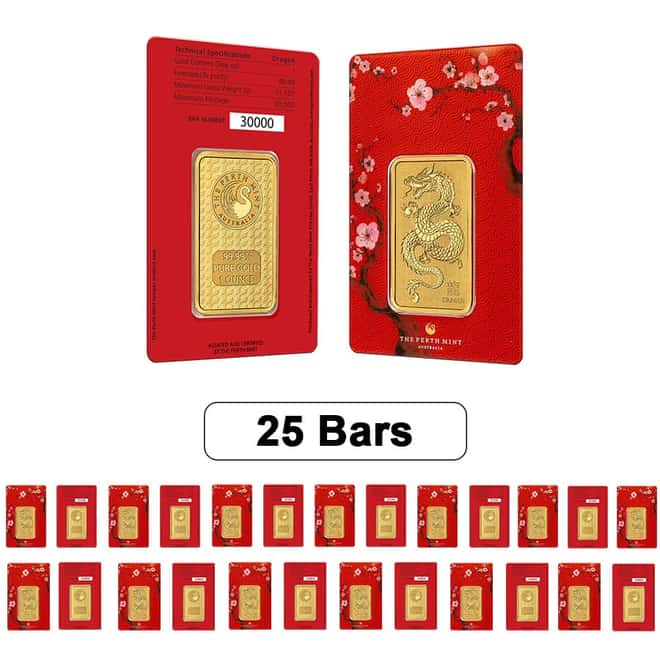 Lot of 25 - 1 oz Perth Mint Lunar Year of the Dragon Gold Bar .9999 Fine (in Assay)