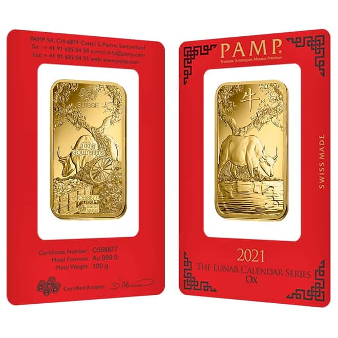 100 gram PAMP Suisse Year of the Ox Gold Bar (In Assay)