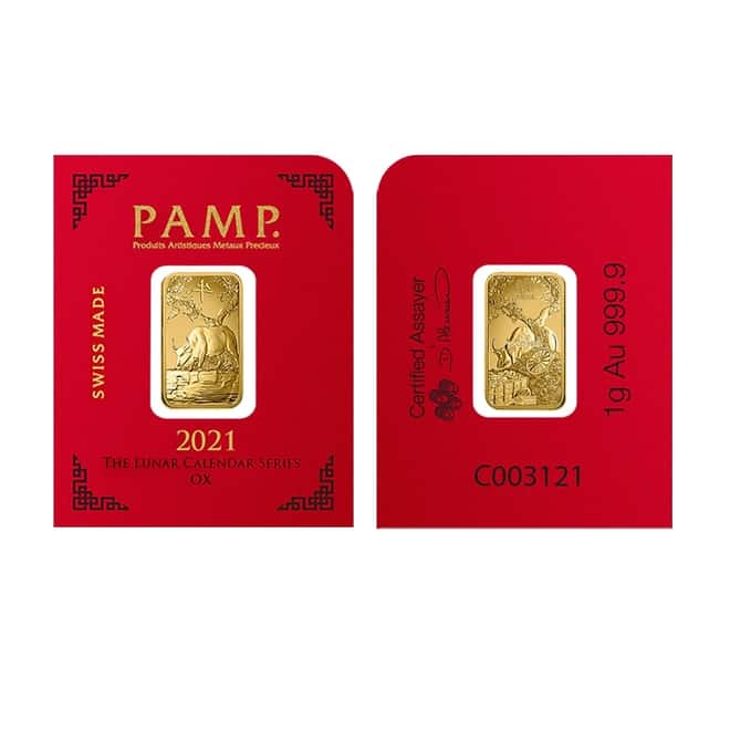 1 gram Gold Bar - PAMP Suisse Lunar Ox .9999 Fine (In Assay from Multigram+8)