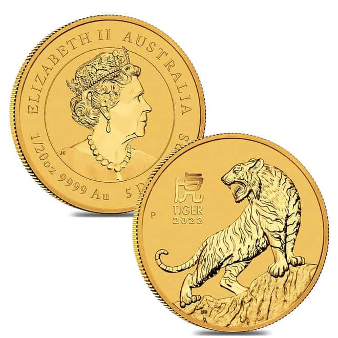 2022 1/20 oz Gold Lunar Year of The Tiger BU Australia Perth Mint In Cap