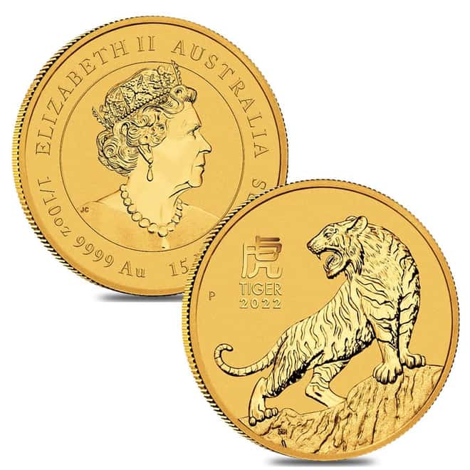 2022 1/10 oz Gold Lunar Year of The Tiger BU Australia Perth Mint In Cap