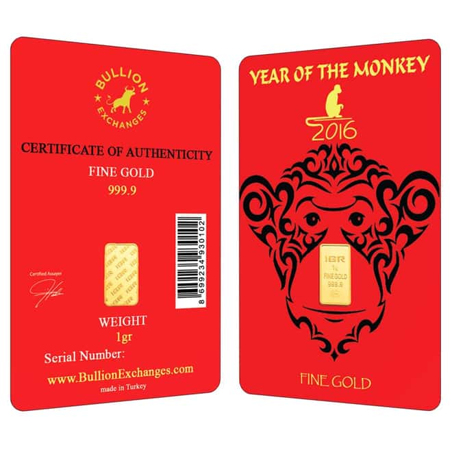 1 Gram Gold Lunar Year of the Monkey Bullion Exchanges Istanbul Gold Refinery (IGR) .9999 Bar (In Assay)