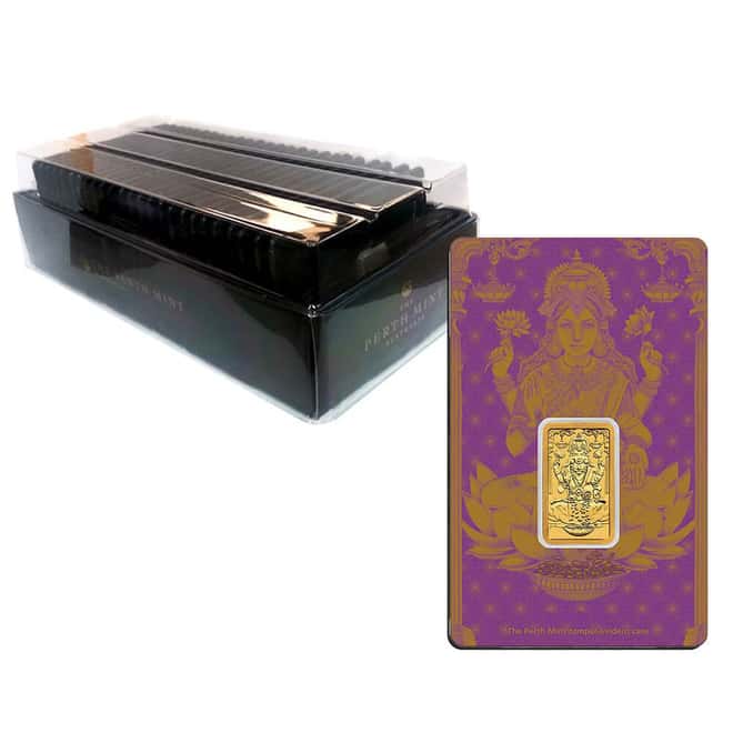 Box of 25 - 5 Gram Perth Mint Diwali Lakshmi Gold Bar .9999 Fine (in Assay)