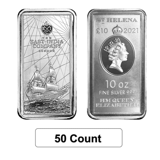 Lot of 50 - 2021 St. Helena 10 oz East India Company Silver Coin Bar .999 Fine BU