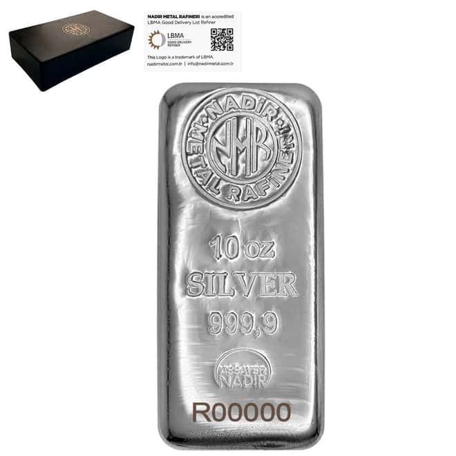 Lot of 50 - 10 oz Nadir Refinery Silver Bar .9999 Fine (w/Assay)