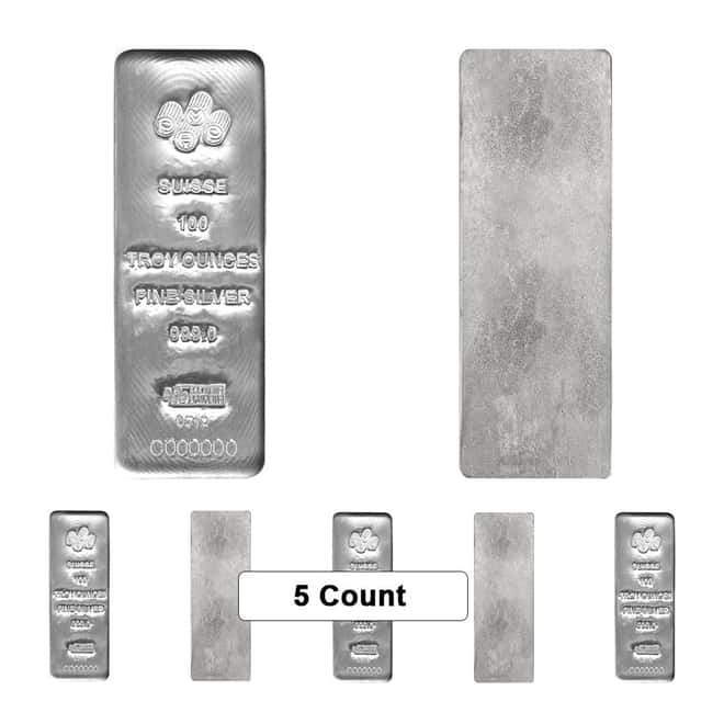 Box of 5 - 100 oz PAMP Suisse Silver Cast Bar .999 Fine (w/Assay)