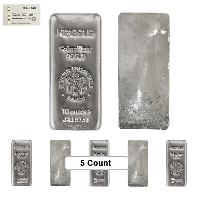 Lot of 5 - 10 oz Heraeus Silver Bar .9999 Fine (w/COA)